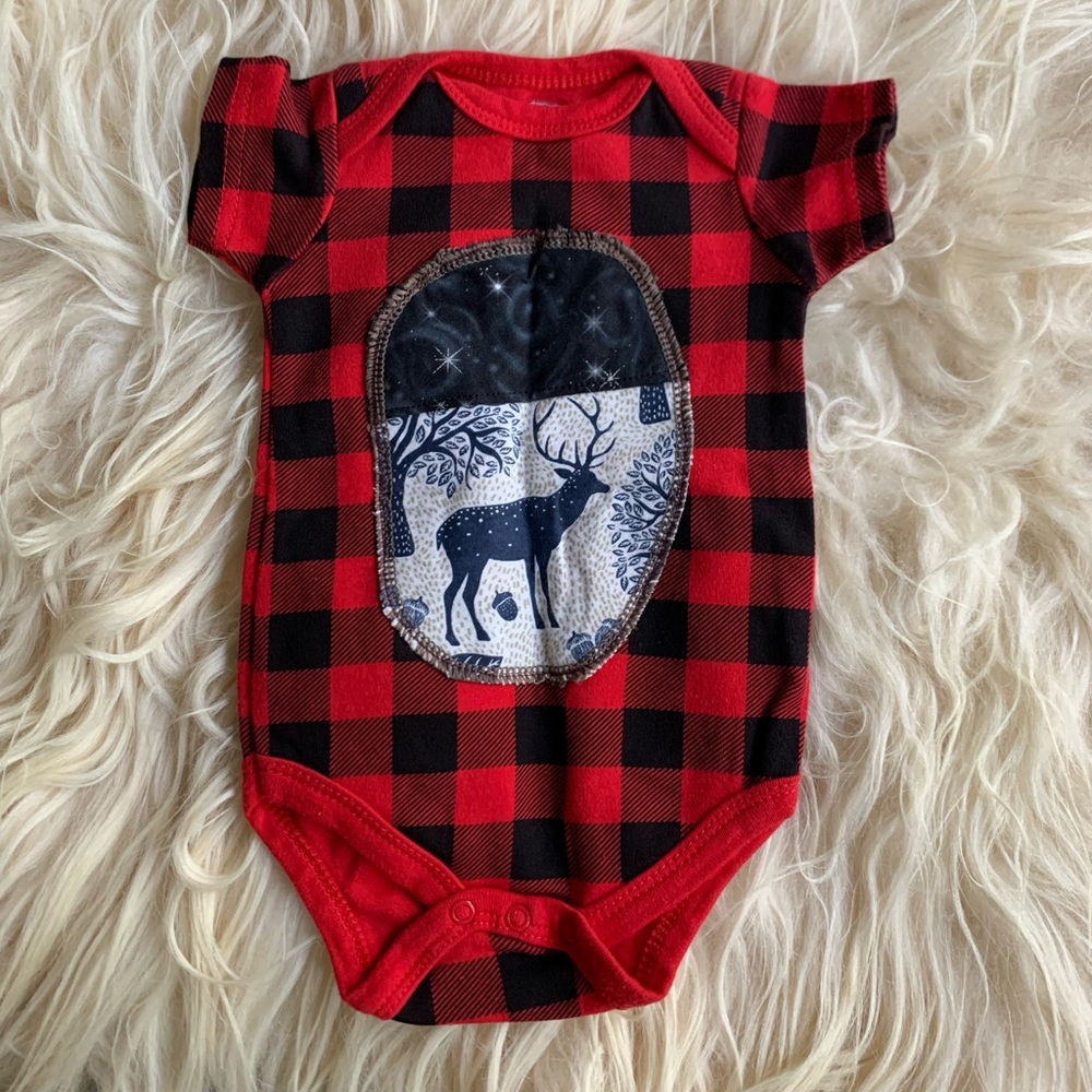 Plaid Baby Onesie with Celestial Deer Patch